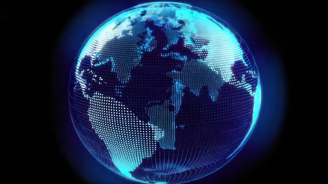 A glowing digital Earth globe on black. Dots form continents, lines circle it