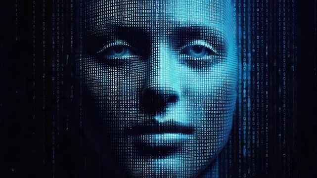 Blue-toned portrait of a face overlaid with binary code. Dark background accentuates digital design