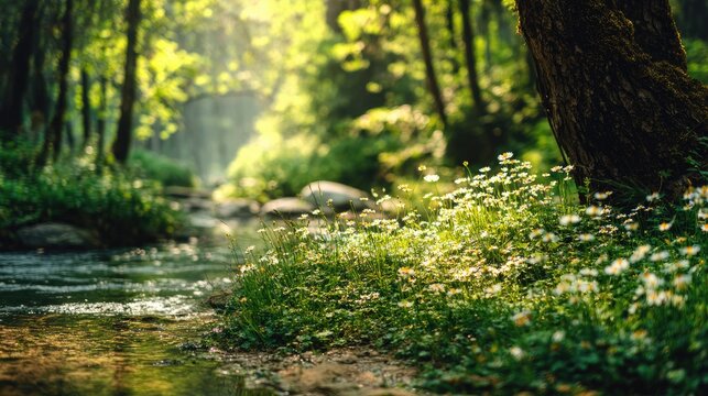 Serene forest stream bathed in warm, dappled sunlight