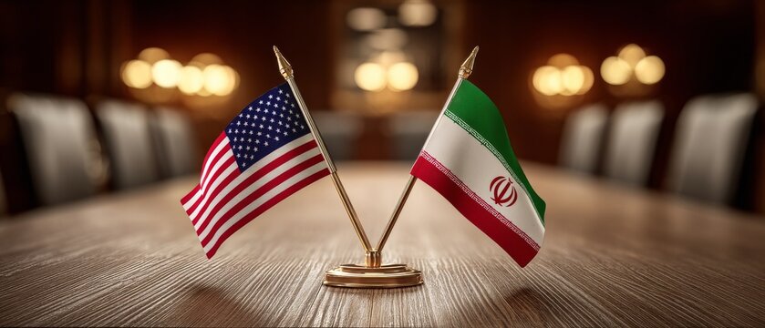 American and Iranian flags on conference table in diplomatic meeting