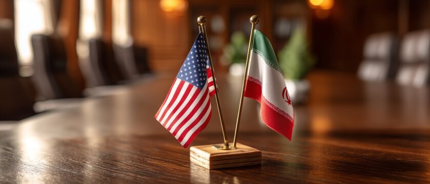 American and Iranian flags on wooden table in formal meeting room