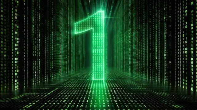 A glowing, green digital "1" stands in a binary code tunnel with falling numbers