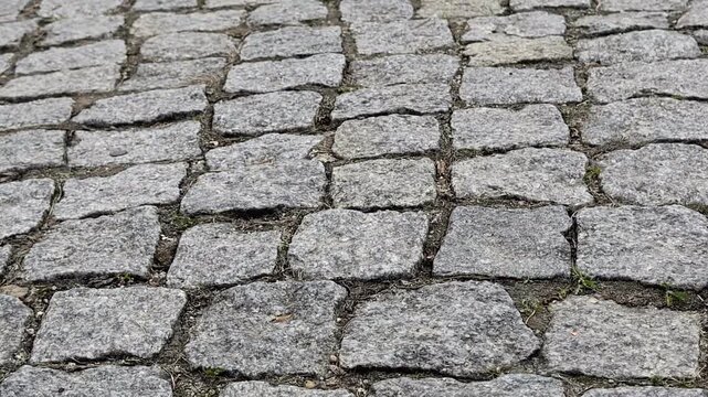 Grey granite cobblestone pavement close up, movement from bottom to top, architectural stone texture, urban road surface, construction material, outdoor pathway, candid style, natural stone pattern.