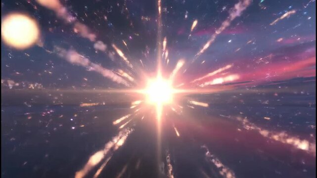A vibrant and dynamic digital artwork showcases a brilliant explosion of pink and purple fireworks against a dramatic twilight sky, complemented by a foreground of glowing orbs.