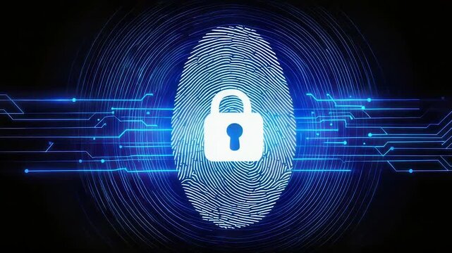 A glowing fingerprint is the central element with a lock superimposed, circuit lines frame
