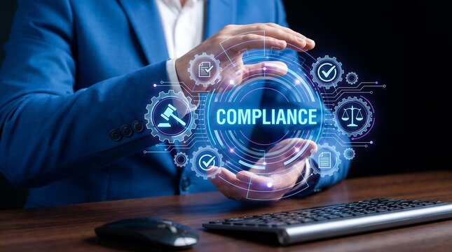 Corporate Compliance Management Concept with Law and Legal Regulation Icons