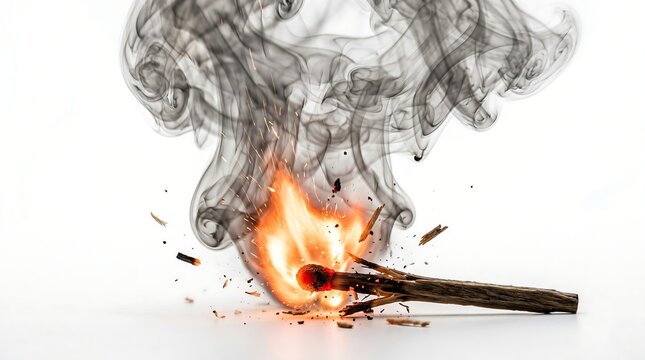 Dynamic ignition of a wooden matchstick with intense orange flames, swirling dark smoke, and flying sparks on a bright white background