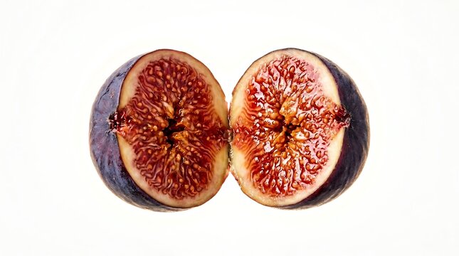 Fresh ripe fig sliced in half revealing a vibrant juicy red interior on a minimalist white background