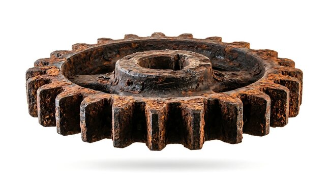 Massive weathered industrial gear with deep orange rust texture isolated on white, symbolizing mechanical failure and the passage of time