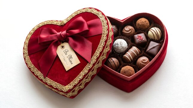 Luxurious red velvet heart shaped box of gourmet chocolate truffles with a romantic Be Mine tag and satin bow for Valentine's Day