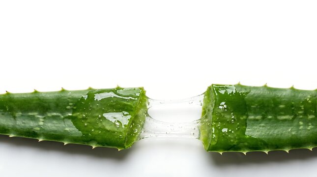 Fresh sliced green aloe vera leaf showing transparent stretching gel on a clean white background for natural skin care and wellness