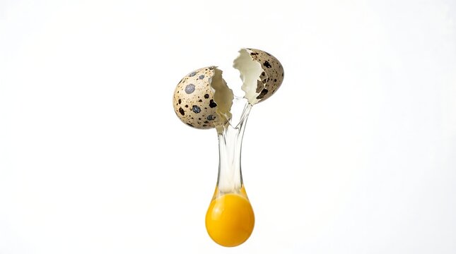 Fresh speckled quail egg cracked open with golden yolk falling in mid-air against a clean white background, capturing culinary vitality