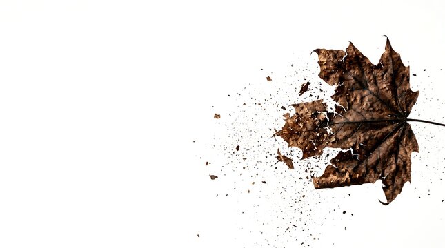 Fragile dry maple leaf shattering into dust on white background with copy space, symbolizing decay and the transient beauty of nature