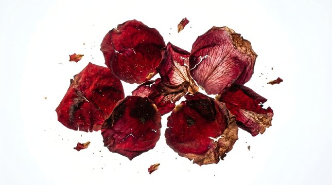 Fragile withered red rose petals with intricate textures and translucent veins on a bright white background evoke a sense of melancholic elegance