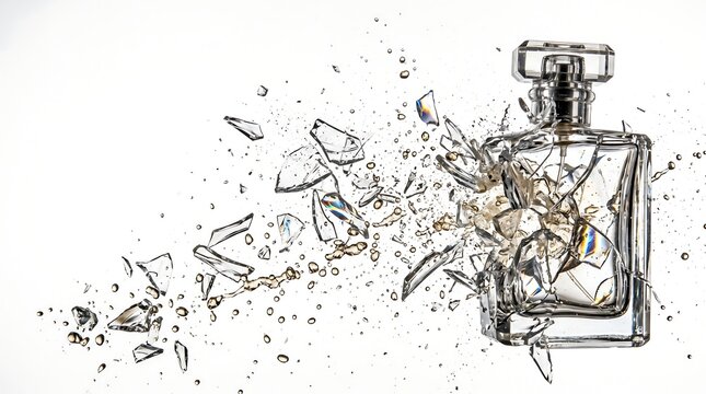 Elegant glass perfume bottle exploding with dramatic liquid splash and sharp shards on a clean white background