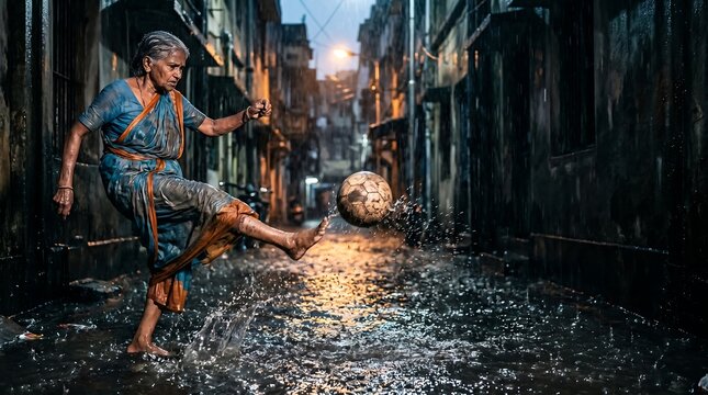 Determined elderly Indian woman in traditional sari kicking a soccer ball through dark rainy alleyway with cinematic warm lighting