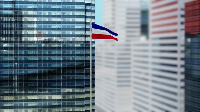 Los Altos Flag 3D Render Animation on Pole with Modern City Buildings - Shallow Depth of Field, Daytime View