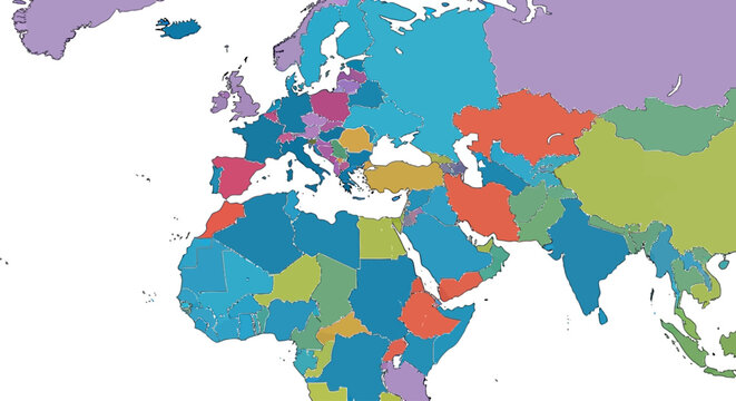 Colorful political world map with distinct country borders focusing on Europe Africa and Asia