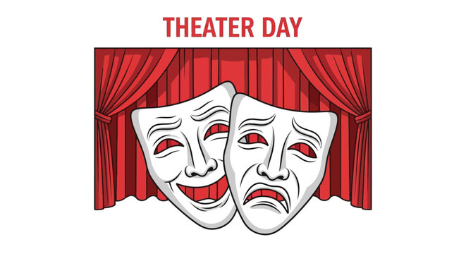 World Theater Day Poster with Comedy and Tragedy Drama Masks on Red Curtain