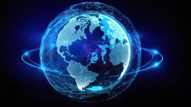 Digital globe with interconnected lines and glowing rings against a dark blue background