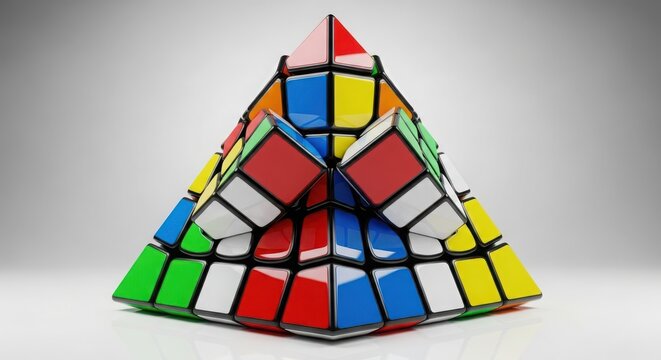 3d colorful geometric rubik's cube pyramid on white background minimalist design concept