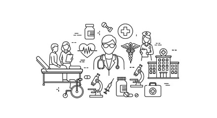 Fototapeta premium Medical and healthcare icons set with doctor, nurse, hospital, and medical equipment