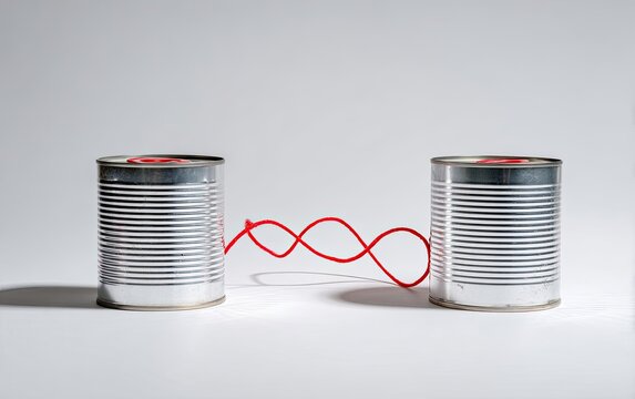 Two metal cans connected by a red string form a simple communication device