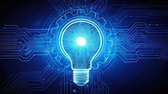 A glowing blue lightbulb with circuit board design in a dark background, illustrating tech