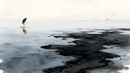 Fototapeta premium Minimal Polluted Shoreline with Black Oil Slick and Small Bird Silhouette