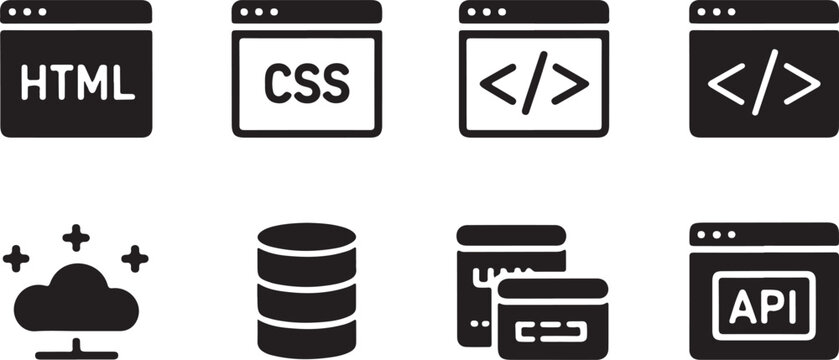 Web development programming language and database icons on white background