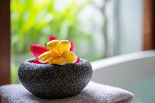 自然光の中で花や石が置かれたスパの雰囲気