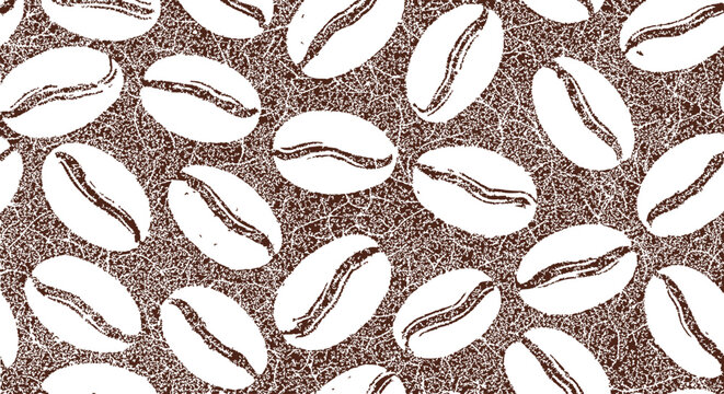 Coffee Beans Pattern - White on Brown Textured Background