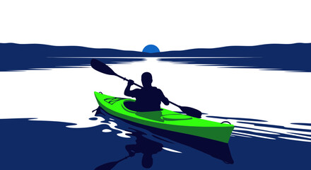 Silhouette Kayaker Paddling on Calm Water During Sunset © hejue