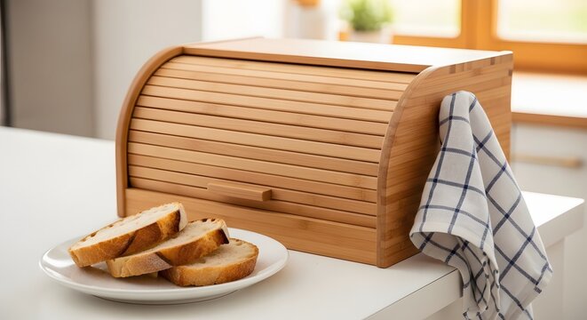 Wooden bread box with slices on plate and towel on countertop in kitchen