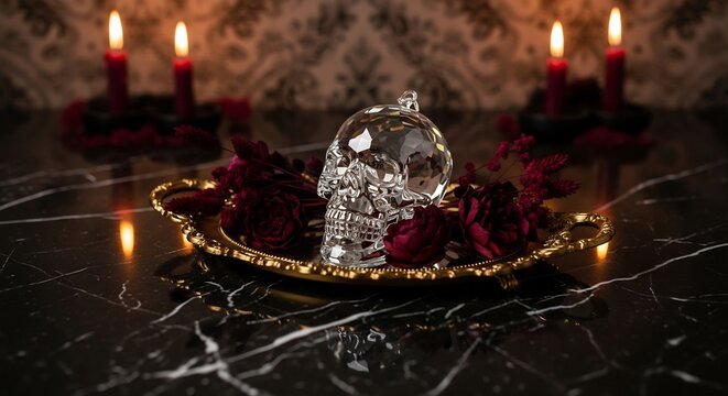 Crystal Skull on Ornate Plate Surrounded by Red Roses and Candles.