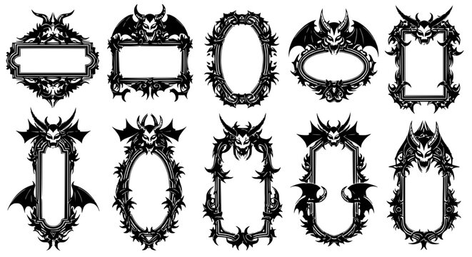 Gothic Ornate Frames with Bat Wings and Devil Horns - Black Silhouettes