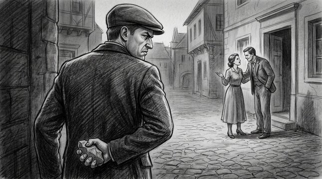 Man in coat and hat looking at couple on cobblestone street
