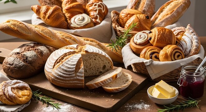Assorted freshly baked bread on wooden cutting board and baskets with butter and jam on side
