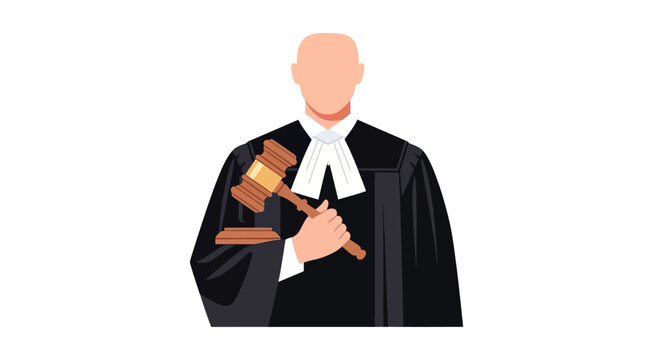 Illustration of a judge in black robes holding a wooden gavel for legal justice concepts.