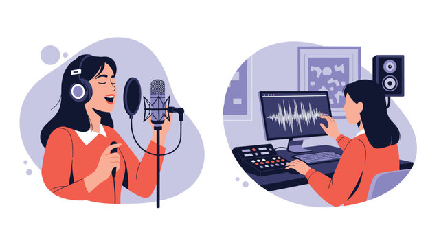 Two panel illustration shows a female vocalist recording in a studio and an engineer editing sound on a computer monitor.