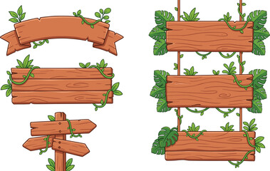 Fototapeta premium Cartoon wooden signboard set with tropical leaves vines blank boards and rustic jungle direction signs