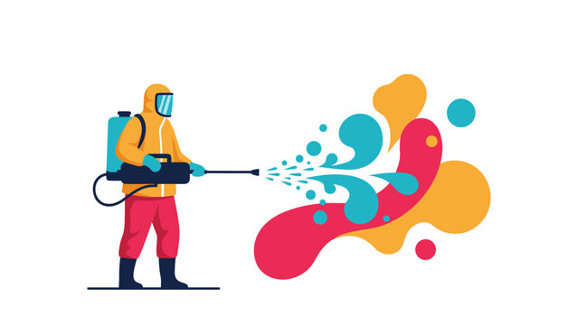 Worker in a protective yellow hazmat suit spraying colorful liquid paint or sanitizer towards a white surface.