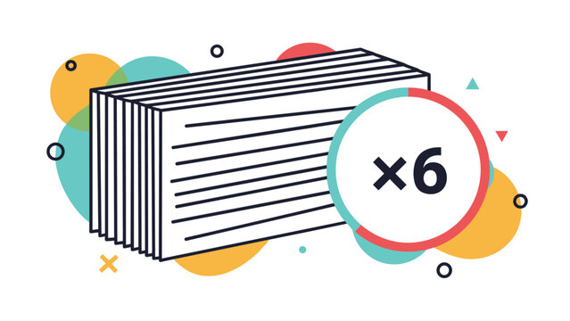 Stack of white paper cards with horizontal lines is shown with a multiplier symbol and colorful abstract circles behind it.