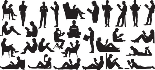 Fototapeta premium silhouettes people reading a books in various poses, including sitting, standing, and lying down, vector