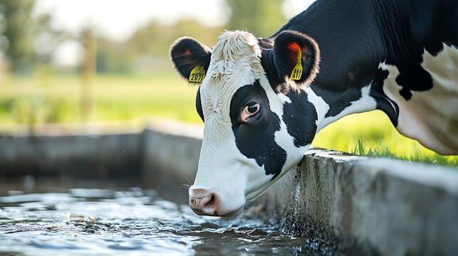 Closeup of a holstein cow drinking water from a trough outdoors.