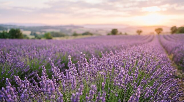 Lavender field at sunset with purple flowers and green grass