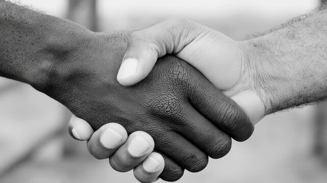 A black and white close-up shot captures a firm handshake between two people of different races, symbolizing partnership, agreement, and unity.