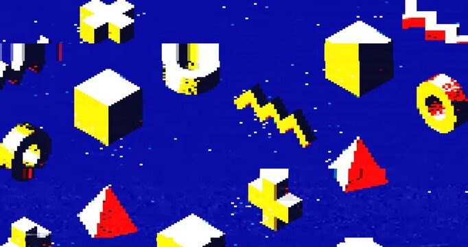 Abstract isometric 3D shapes with contrast shadows and dotwork texture on blue background