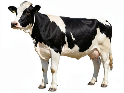 A black and white dairy cow standing in profile on a plain white background with clear lighting