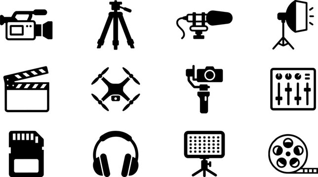 Outline videography equipment icons set with production symbols